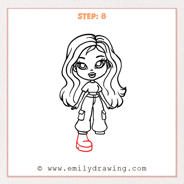 how to draw a bratz doll - A Bratz doll drawing with one forward foot now wearing a large chunky platform shoe with a thick layered sole.